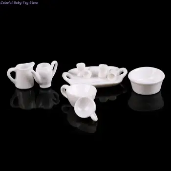 10pcs/set White Leļļu Nams Miniatūras 1:12 Porcelāna Galda piederumi Tējkannas Kafijas Tases, Apakštasītes Renes Plāksnes Tējas Komplekts Pot Virtuves Dekori