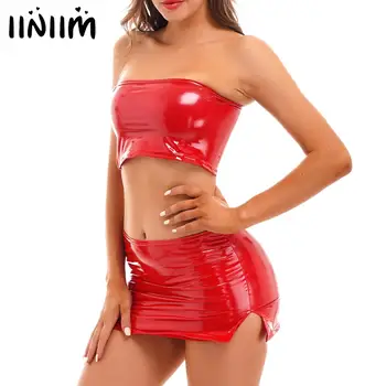 Sieviešu Sarkano Krāsu Slapjš Izskatās, Lakādas Tērpiem Clubwear Strapless Rāvējslēdzēju Apgriezts Sexy Caurule Top Mini Svārki, Apakšveļa Komplekts