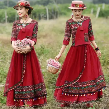 Ķīniešu Etniskās Sievietes kleitu Drukāt Vasaras Uzvalku Vintage Sarkana