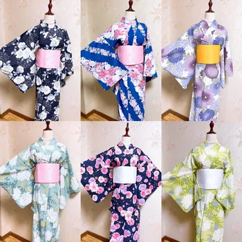 Sieviešu Japāņu Tradicionālo Kimono ar Obi Ziedu Izdrukas Oficiālu Yukata Cosplay Kostīmu Fotogrāfija Kleita