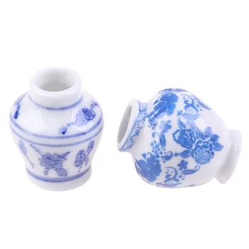 1 Komplekts(2gab) Mini Zilā un baltā porcelāna vāze DIY Roku Lelle Māja Virtuves Keramikas Rotājumu Decora vāze Namiņš Miniatūras